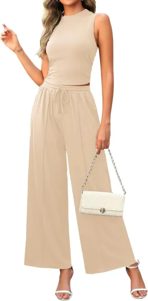2 Piece Outfits for Women Knit Ribbed Lounge Sets Tracksuit Sleeveless Crop Tank Top Wide Leg Pants Set