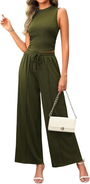 2 Piece Outfits for Women Knit Ribbed Lounge Sets Tracksuit Sleeveless Crop Tank Top Wide Leg Pants Set