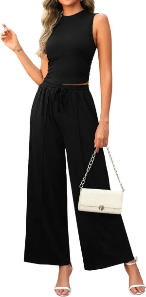 2 Piece Outfits for Women Knit Ribbed Lounge Sets Tracksuit Sleeveless Crop Tank Top Wide Leg Pants Set