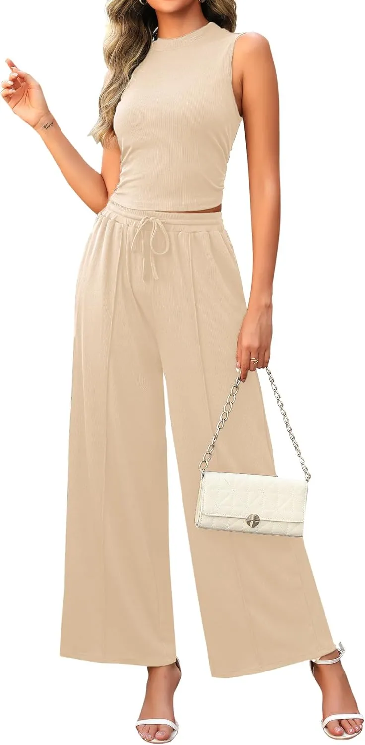 2 Piece Outfits for Women Knit Ribbed Lounge Sets Tracksuit Sleeveless Crop Tank Top Wide Leg Pants Set