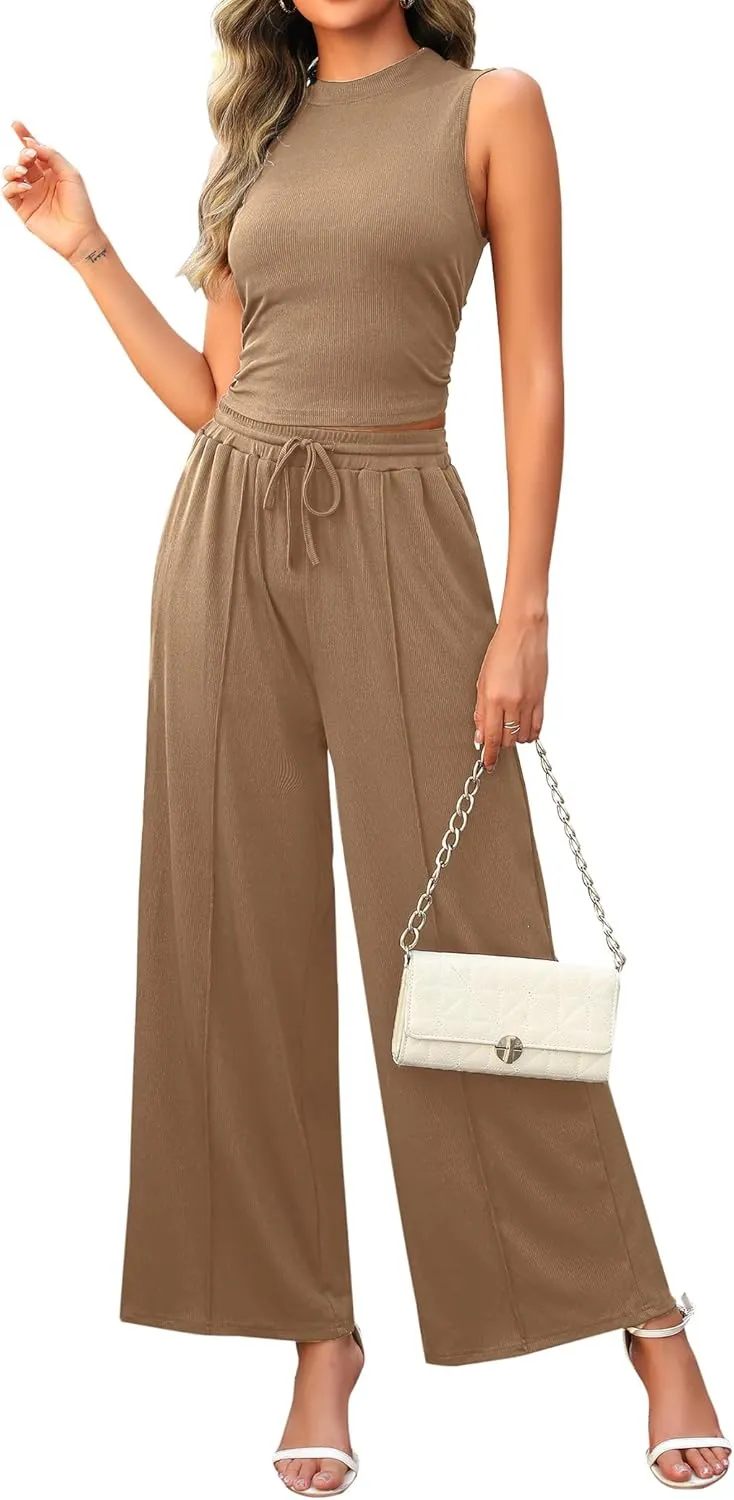 2 Piece Outfits for Women Knit Ribbed Lounge Sets Tracksuit Sleeveless Crop Tank Top Wide Leg Pants Set