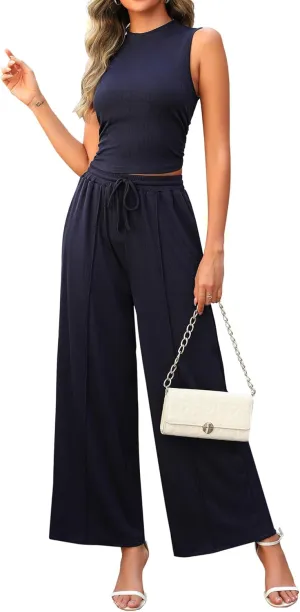 2 Piece Outfits for Women Knit Ribbed Lounge Sets Tracksuit Sleeveless Crop Tank Top Wide Leg Pants Set
