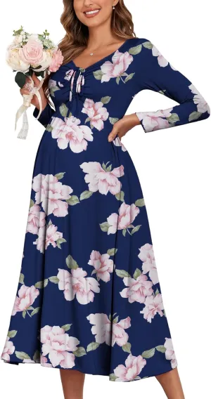 2024 Maternity Tie Front Ruched Nursing Dress A Line Long Sleeve V Neck Swing Pregnancy Maxi Dresses