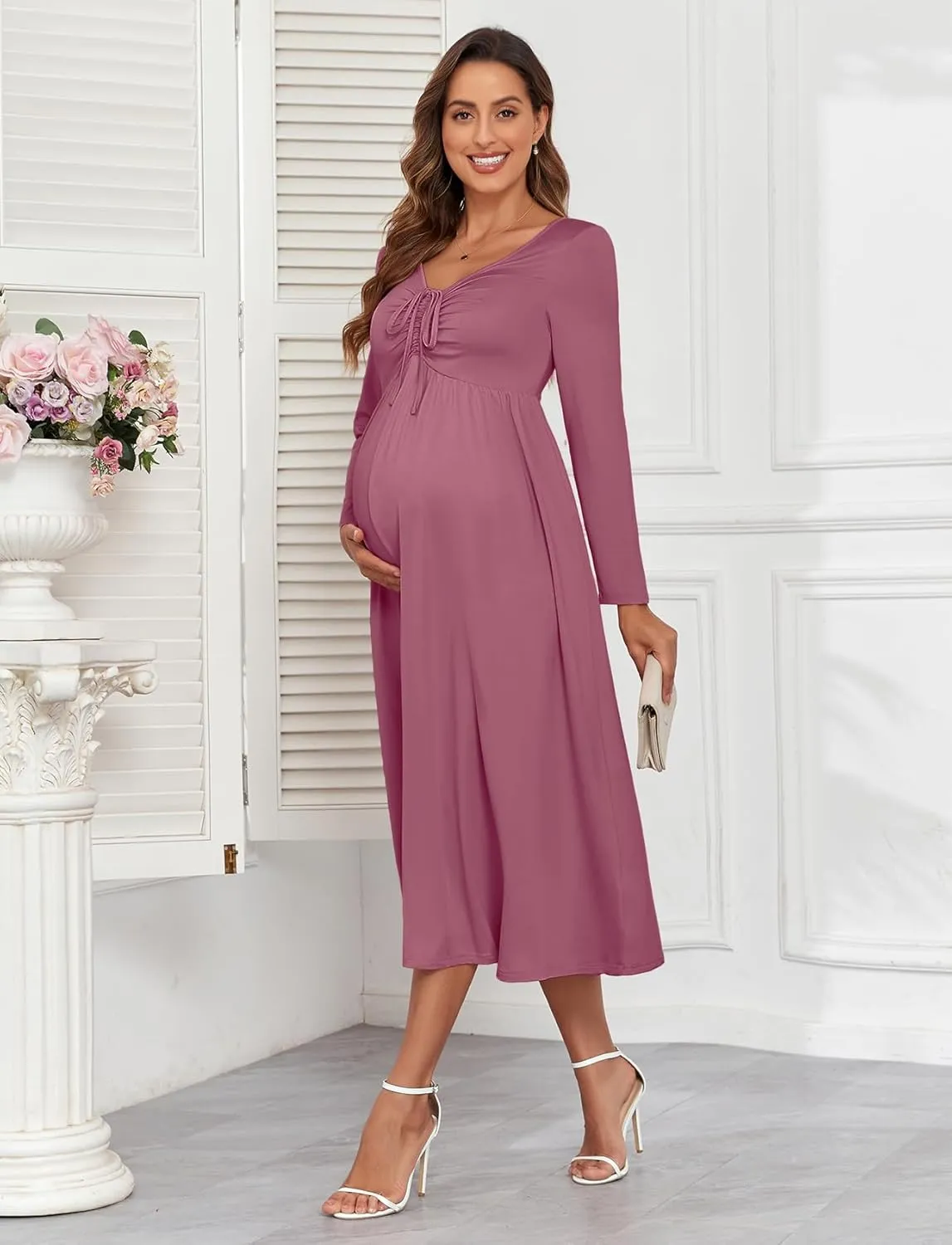 2024 Maternity Tie Front Ruched Nursing Dress A Line Long Sleeve V Neck Swing Pregnancy Maxi Dresses