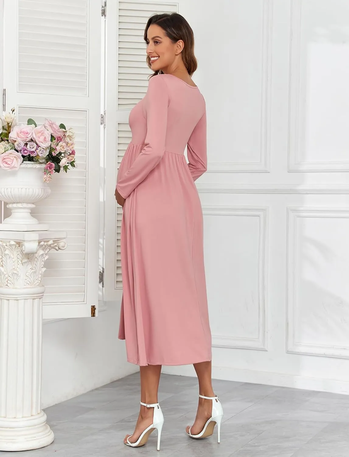 2024 Maternity Tie Front Ruched Nursing Dress A Line Long Sleeve V Neck Swing Pregnancy Maxi Dresses