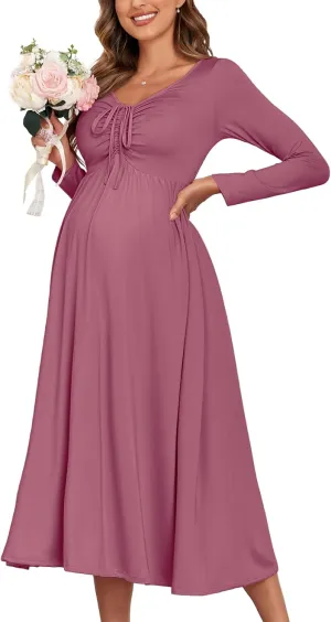 2024 Maternity Tie Front Ruched Nursing Dress A Line Long Sleeve V Neck Swing Pregnancy Maxi Dresses