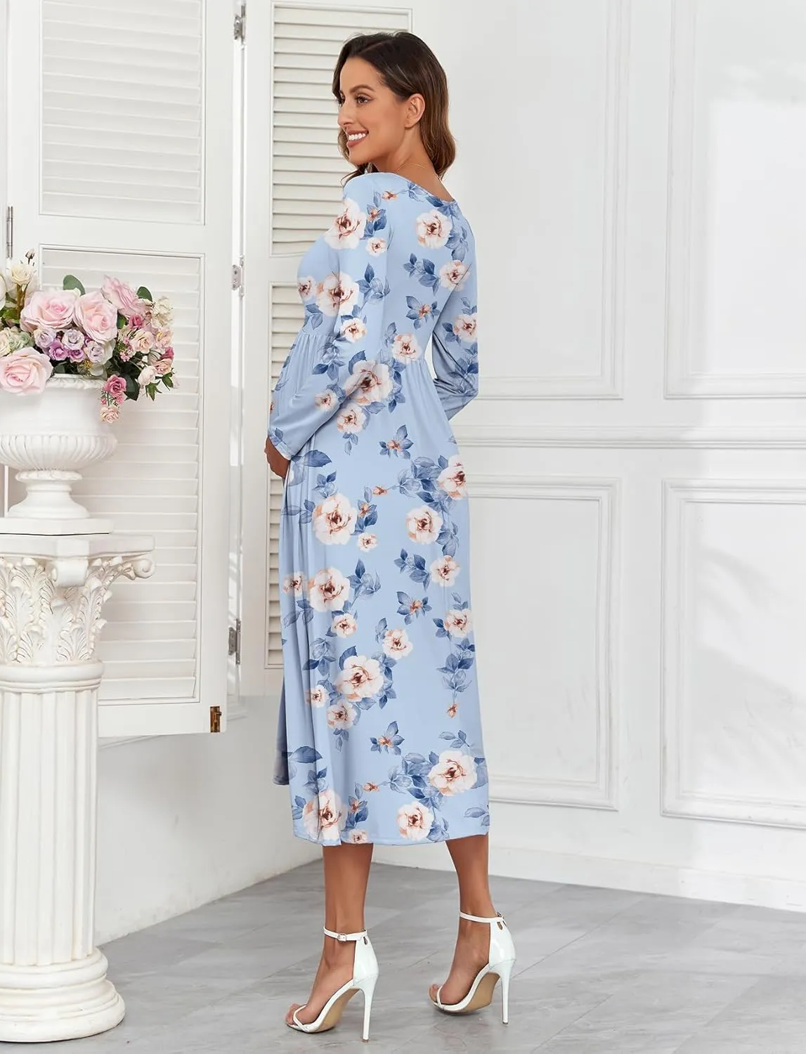 2024 Maternity Tie Front Ruched Nursing Dress A Line Long Sleeve V Neck Swing Pregnancy Maxi Dresses