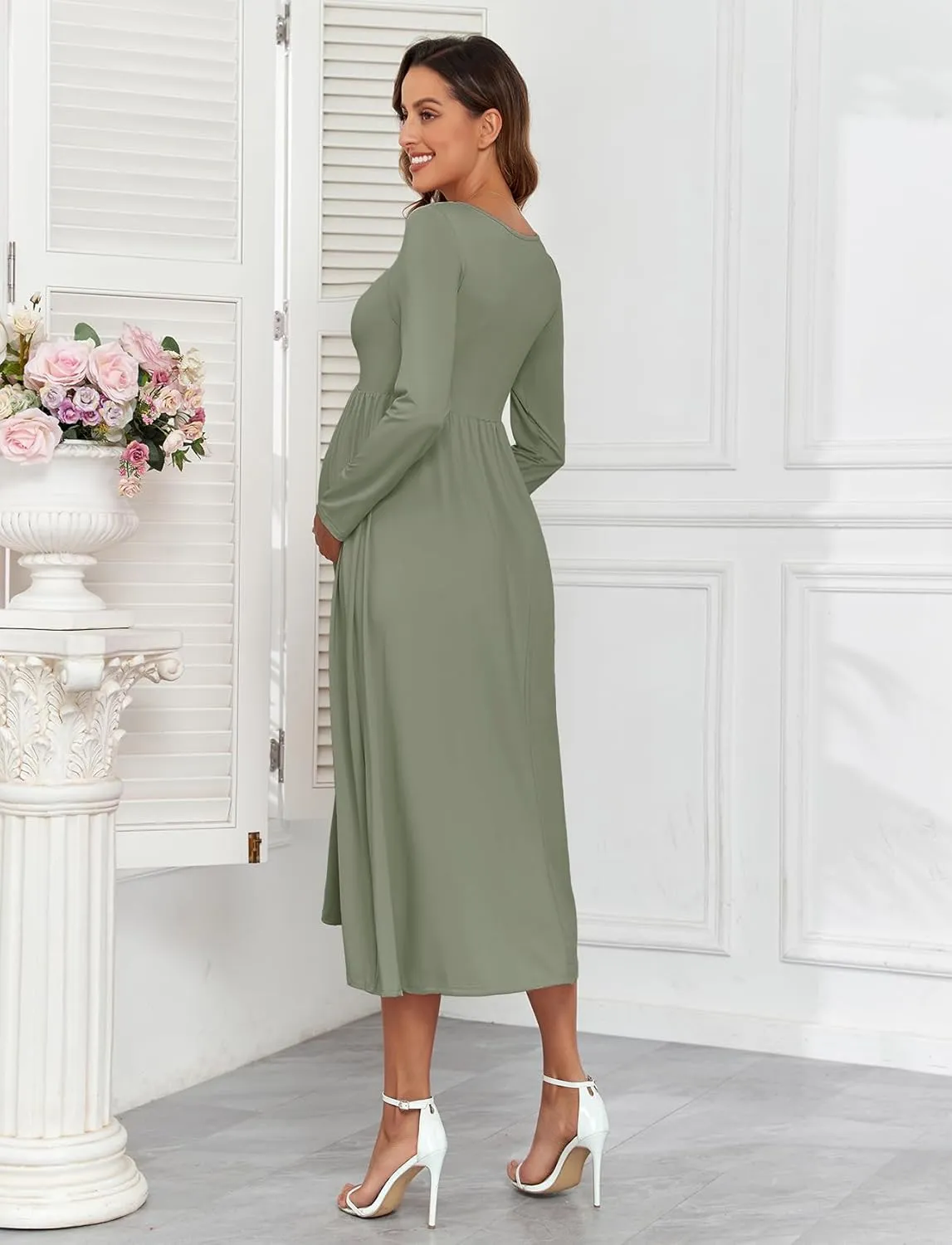 2024 Maternity Tie Front Ruched Nursing Dress A Line Long Sleeve V Neck Swing Pregnancy Maxi Dresses