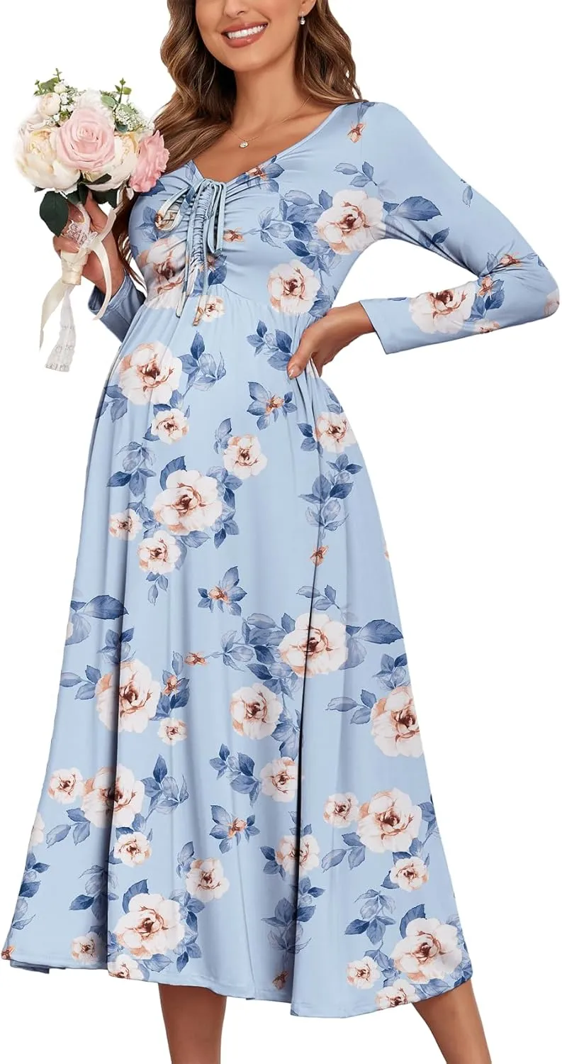 2024 Maternity Tie Front Ruched Nursing Dress A Line Long Sleeve V Neck Swing Pregnancy Maxi Dresses