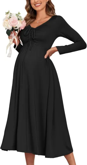 2024 Maternity Tie Front Ruched Nursing Dress A Line Long Sleeve V Neck Swing Pregnancy Maxi Dresses