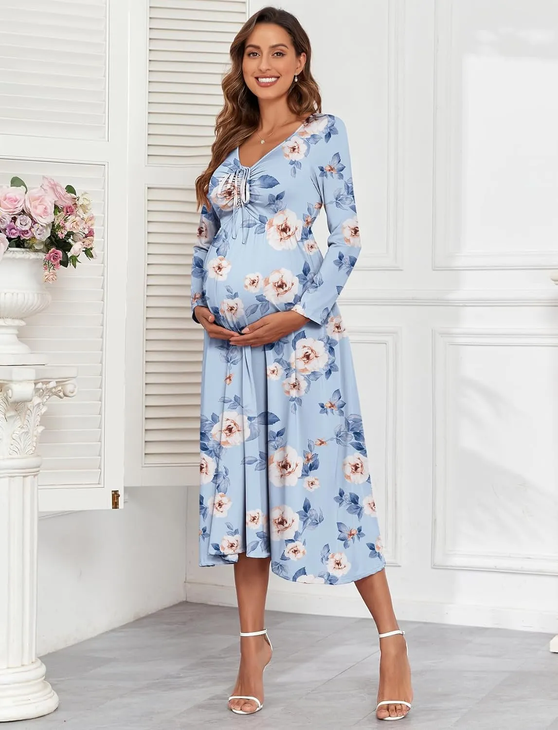 2024 Maternity Tie Front Ruched Nursing Dress A Line Long Sleeve V Neck Swing Pregnancy Maxi Dresses