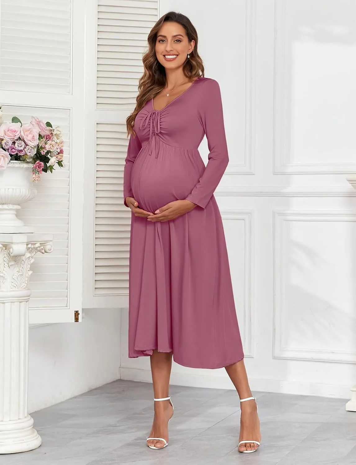2024 Maternity Tie Front Ruched Nursing Dress A Line Long Sleeve V Neck Swing Pregnancy Maxi Dresses