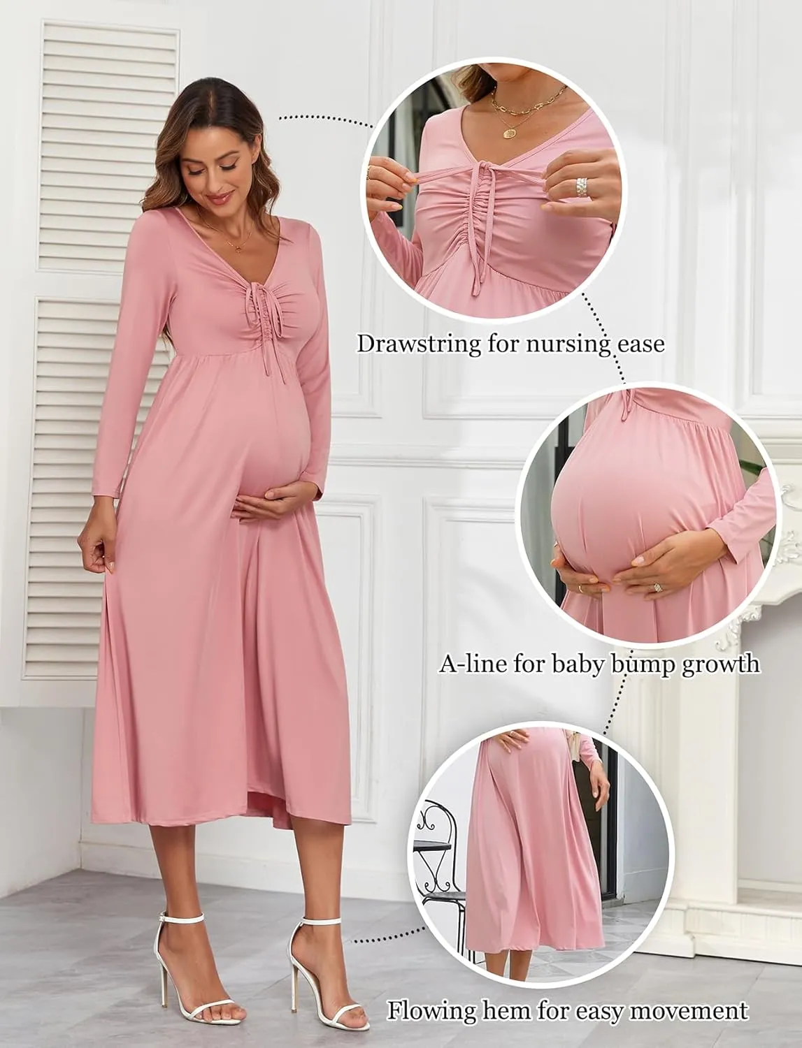 2024 Maternity Tie Front Ruched Nursing Dress A Line Long Sleeve V Neck Swing Pregnancy Maxi Dresses