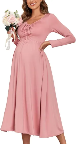2024 Maternity Tie Front Ruched Nursing Dress A Line Long Sleeve V Neck Swing Pregnancy Maxi Dresses