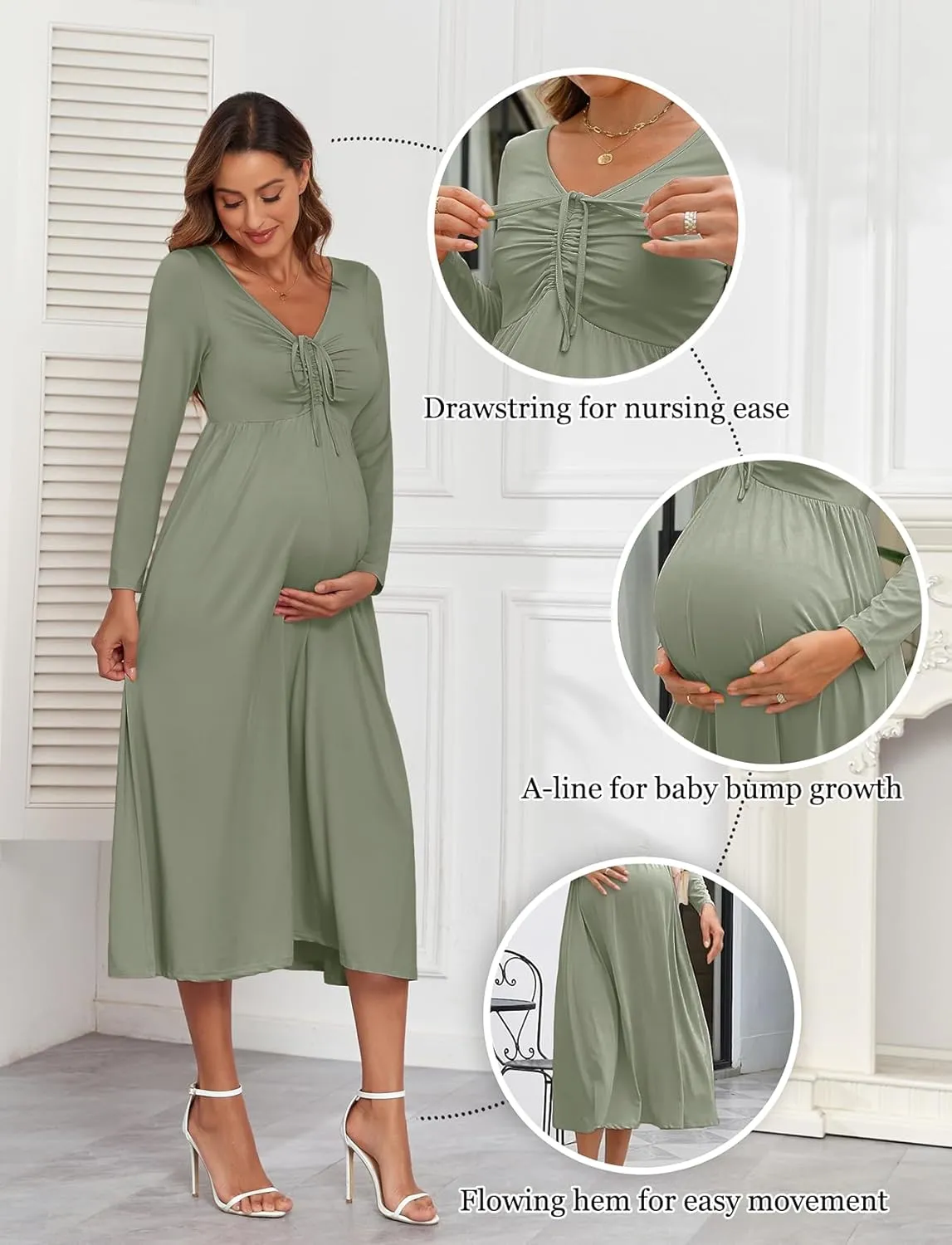 2024 Maternity Tie Front Ruched Nursing Dress A Line Long Sleeve V Neck Swing Pregnancy Maxi Dresses