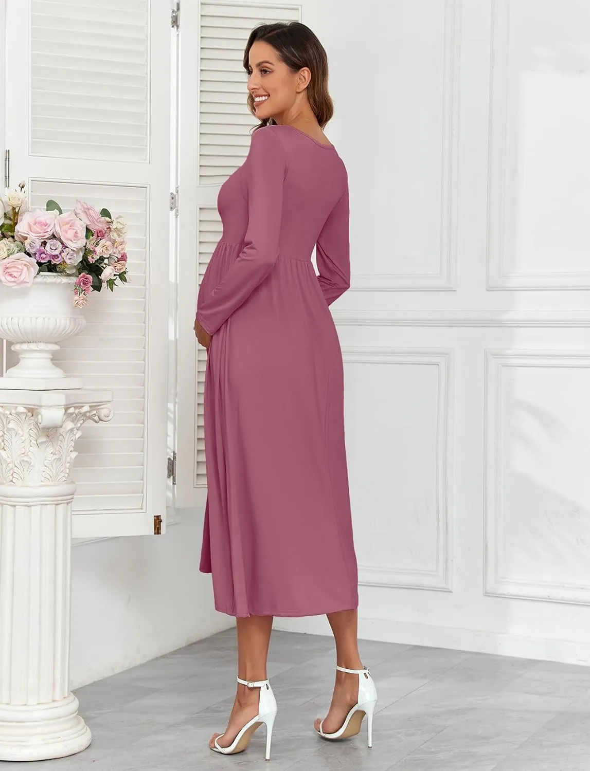 2024 Maternity Tie Front Ruched Nursing Dress A Line Long Sleeve V Neck Swing Pregnancy Maxi Dresses