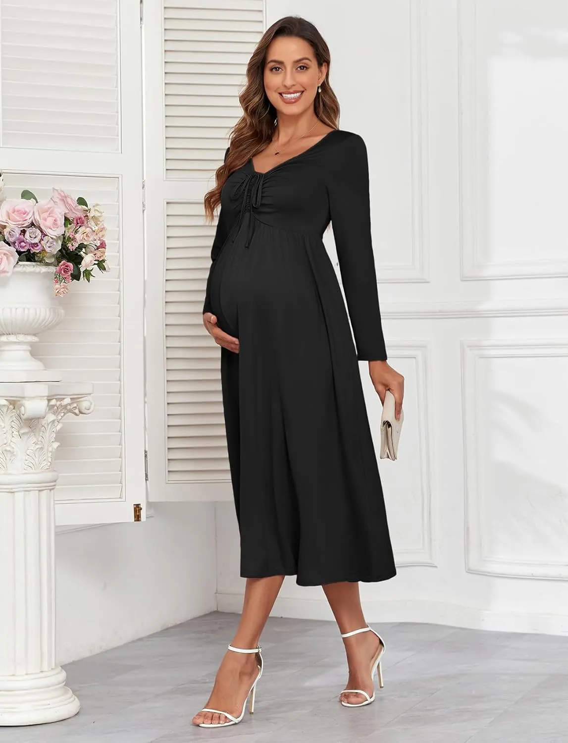 2024 Maternity Tie Front Ruched Nursing Dress A Line Long Sleeve V Neck Swing Pregnancy Maxi Dresses