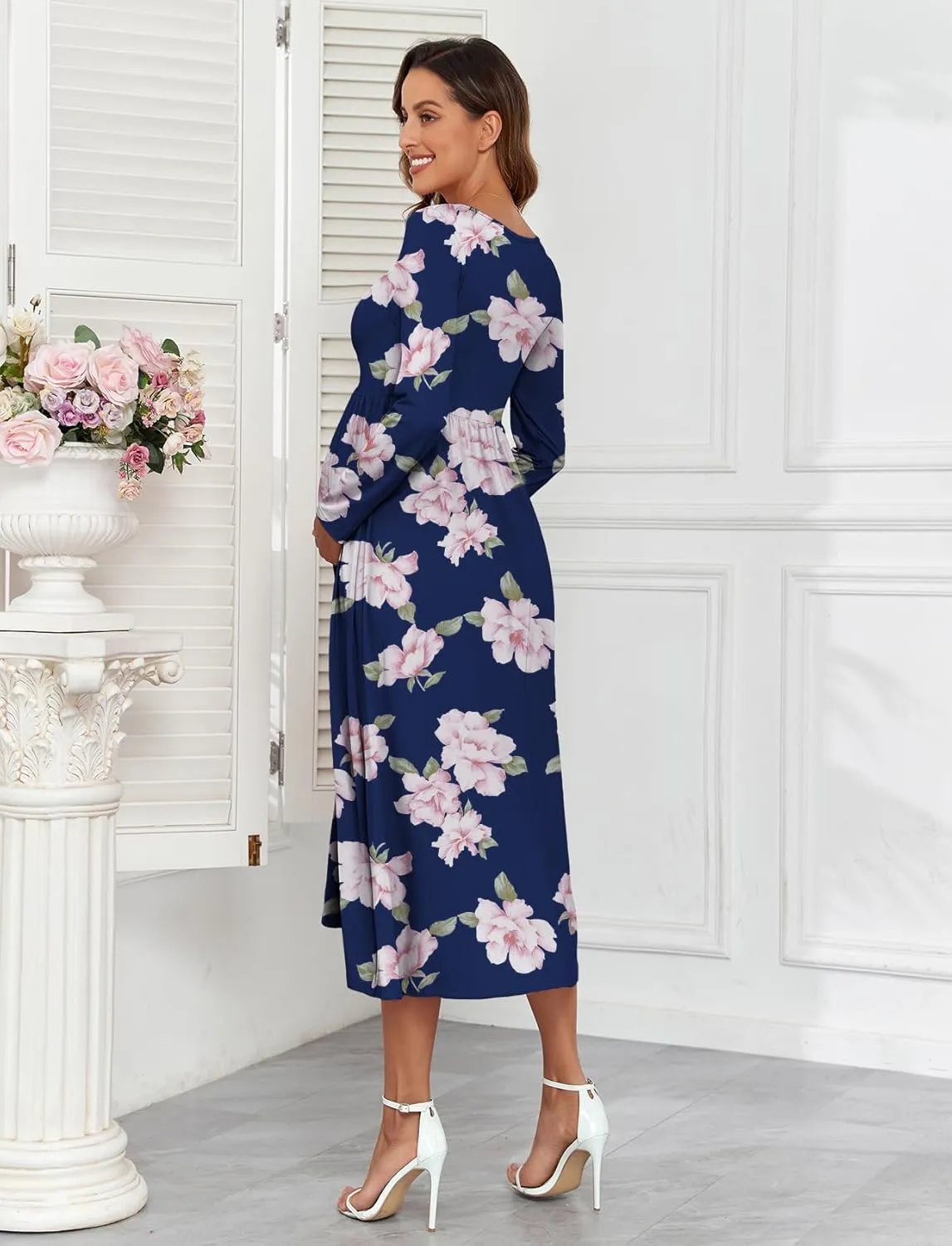 2024 Maternity Tie Front Ruched Nursing Dress A Line Long Sleeve V Neck Swing Pregnancy Maxi Dresses