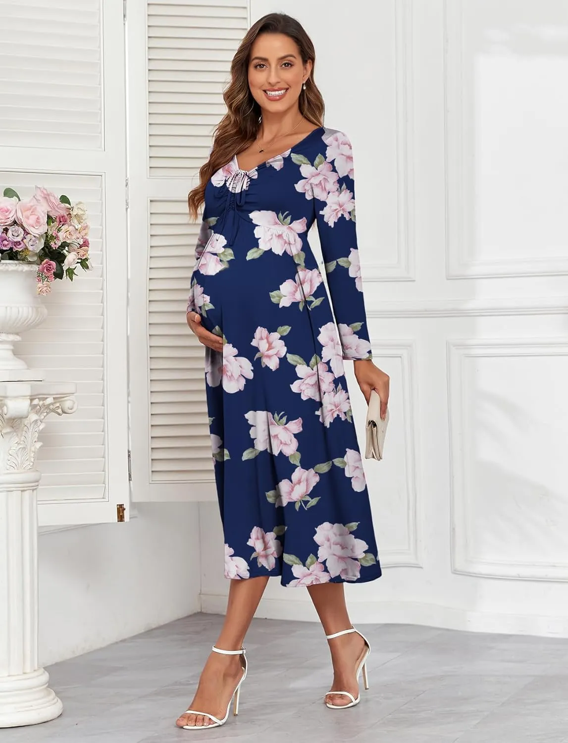 2024 Maternity Tie Front Ruched Nursing Dress A Line Long Sleeve V Neck Swing Pregnancy Maxi Dresses