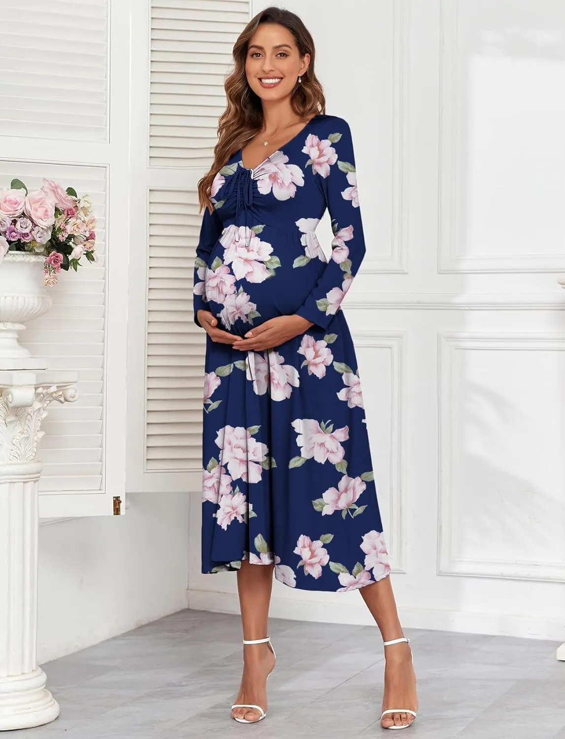 2024 Maternity Tie Front Ruched Nursing Dress A Line Long Sleeve V Neck Swing Pregnancy Maxi Dresses