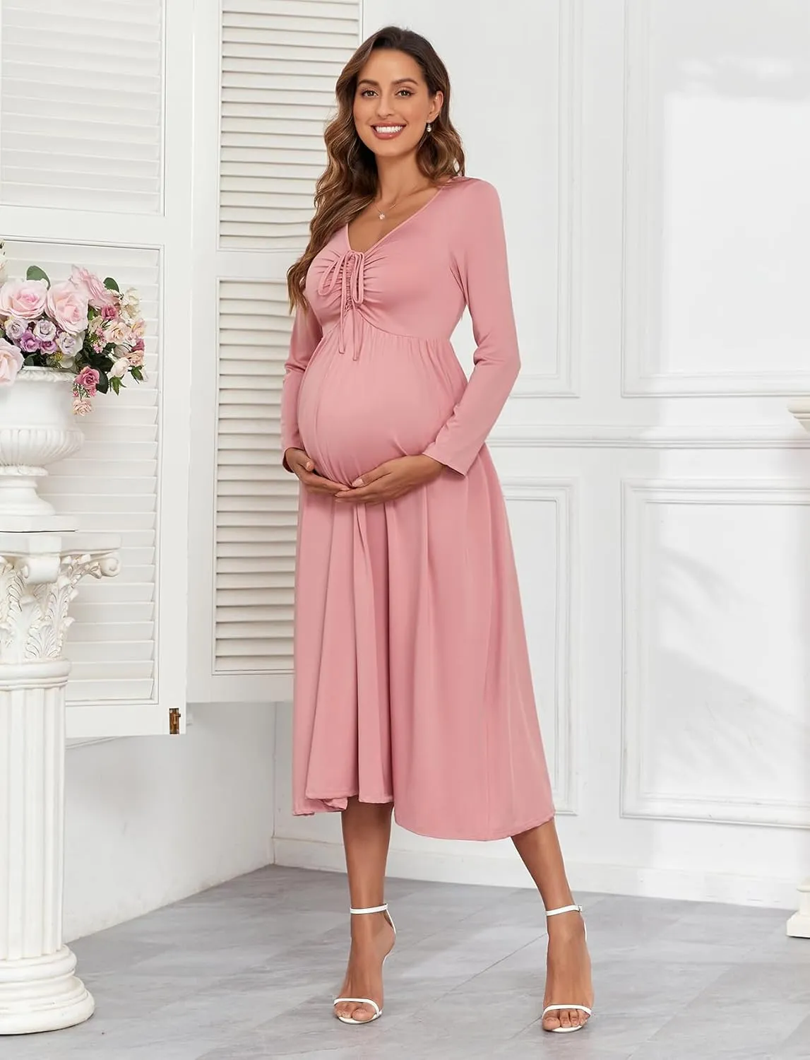 2024 Maternity Tie Front Ruched Nursing Dress A Line Long Sleeve V Neck Swing Pregnancy Maxi Dresses