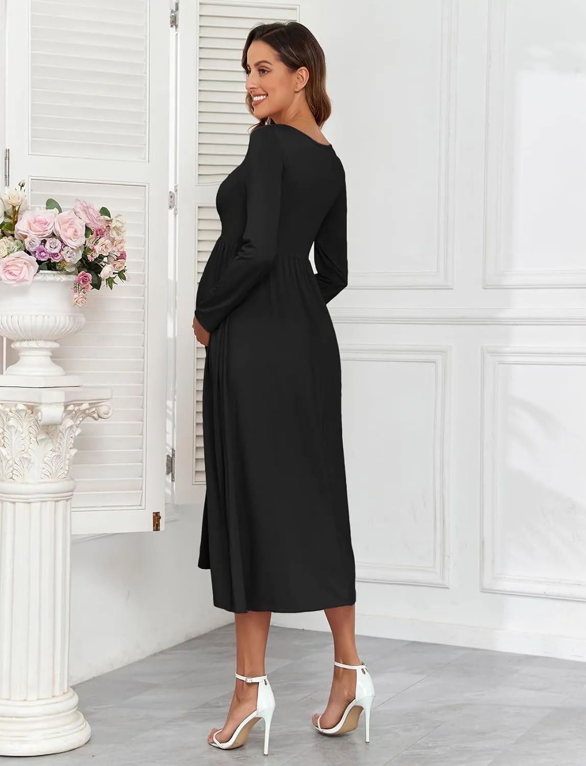 2024 Maternity Tie Front Ruched Nursing Dress A Line Long Sleeve V Neck Swing Pregnancy Maxi Dresses