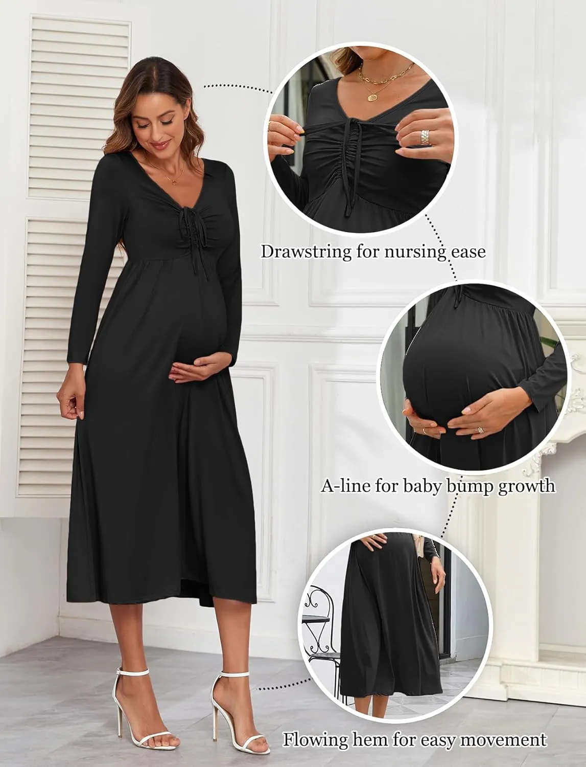 2024 Maternity Tie Front Ruched Nursing Dress A Line Long Sleeve V Neck Swing Pregnancy Maxi Dresses