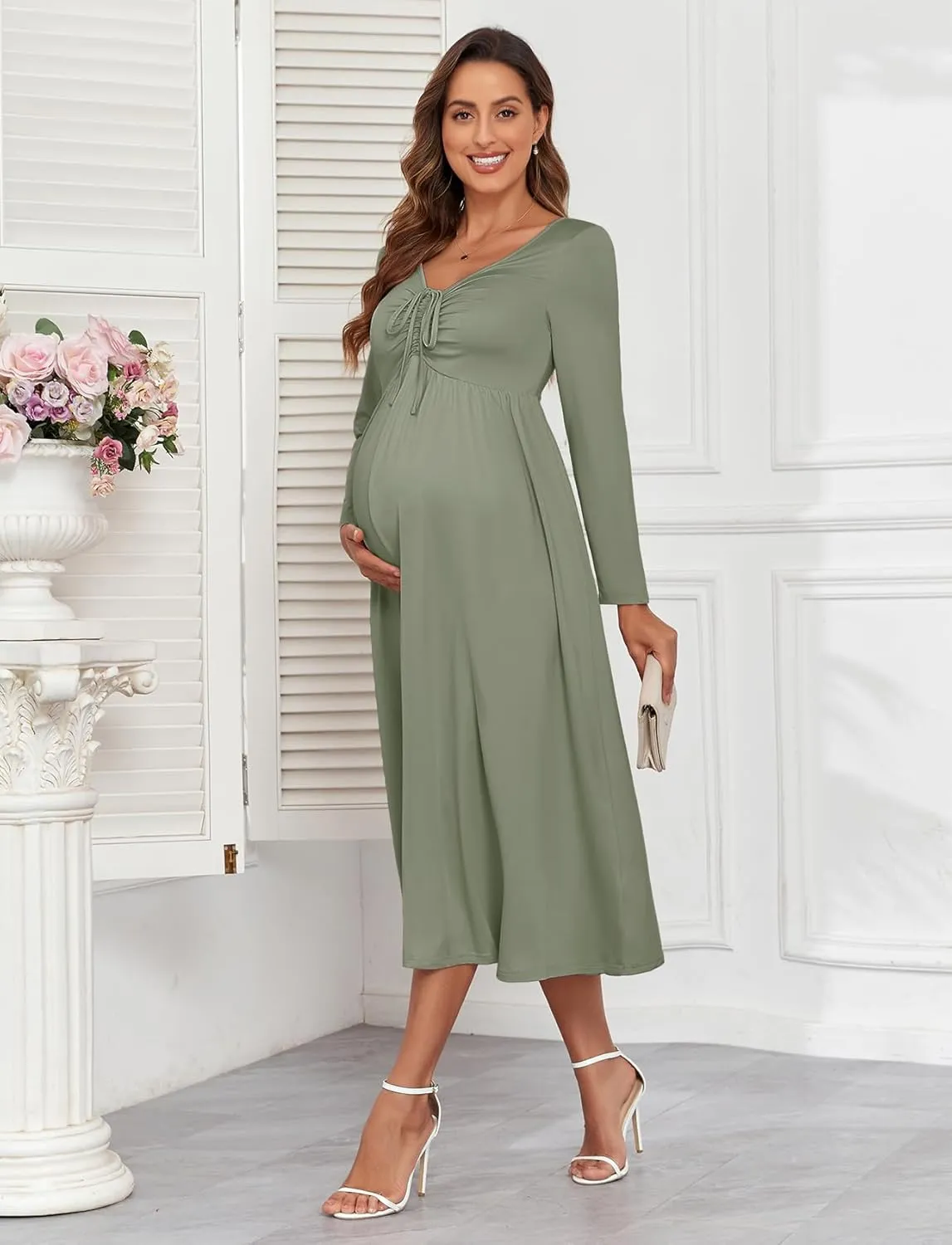 2024 Maternity Tie Front Ruched Nursing Dress A Line Long Sleeve V Neck Swing Pregnancy Maxi Dresses