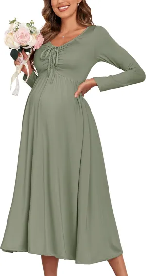 2024 Maternity Tie Front Ruched Nursing Dress A Line Long Sleeve V Neck Swing Pregnancy Maxi Dresses