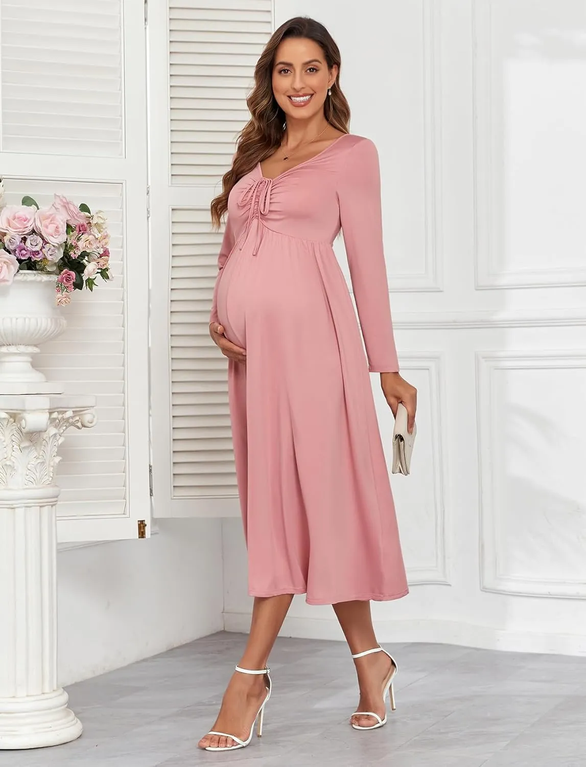 2024 Maternity Tie Front Ruched Nursing Dress A Line Long Sleeve V Neck Swing Pregnancy Maxi Dresses