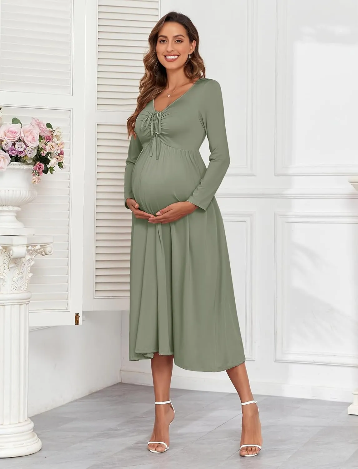 2024 Maternity Tie Front Ruched Nursing Dress A Line Long Sleeve V Neck Swing Pregnancy Maxi Dresses