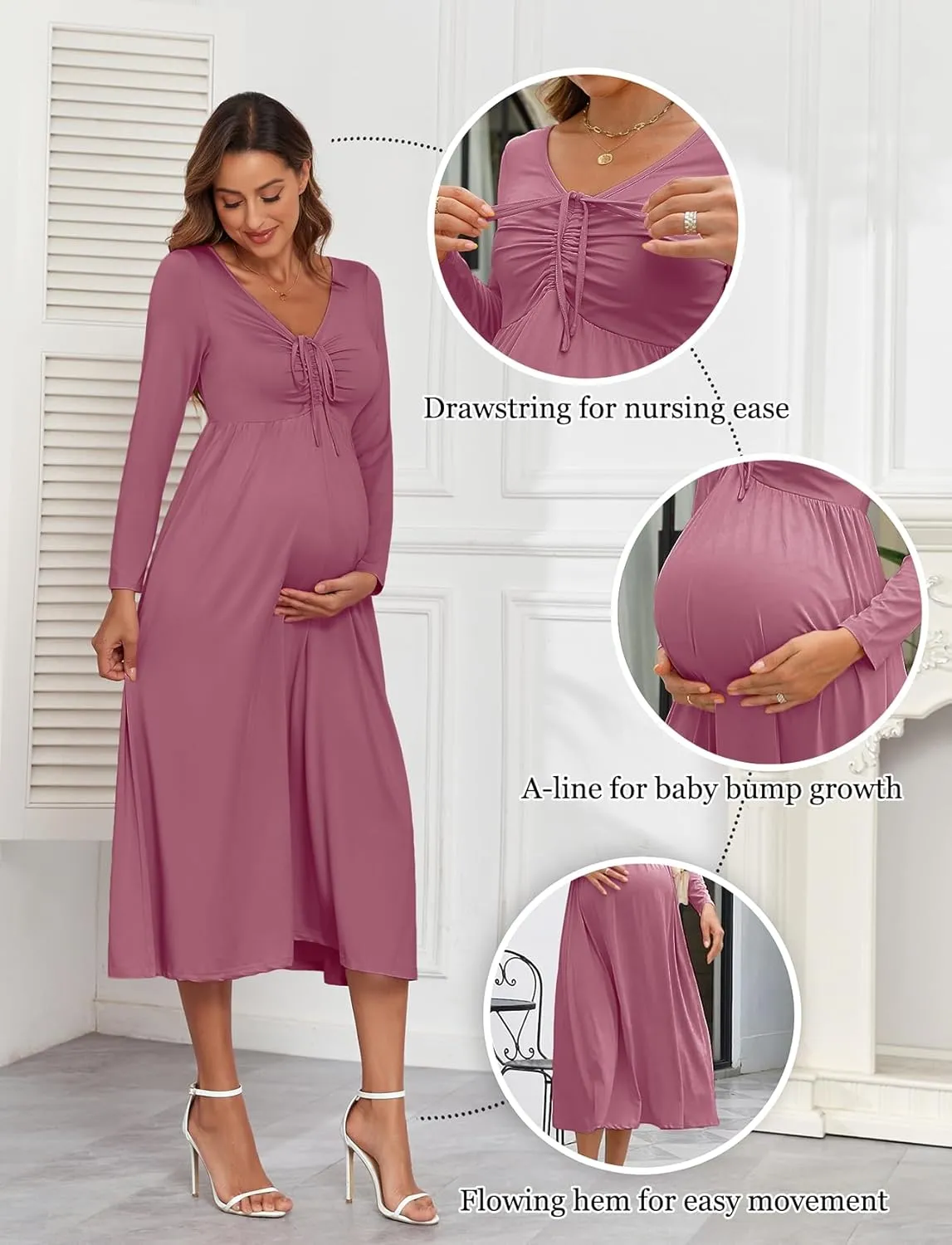 2024 Maternity Tie Front Ruched Nursing Dress A Line Long Sleeve V Neck Swing Pregnancy Maxi Dresses