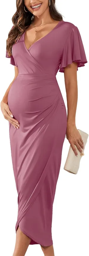2025 Womens Maternity Wrap Dress V Neck Ruffle Sleeves Semi Formal Baby Shower Photoshoot Party Cocktail Pregnancy