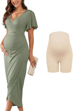 2025 Womens Maternity Wrap Dress V Neck Ruffle Sleeves Semi Formal Baby Shower Photoshoot Party Cocktail Pregnancy