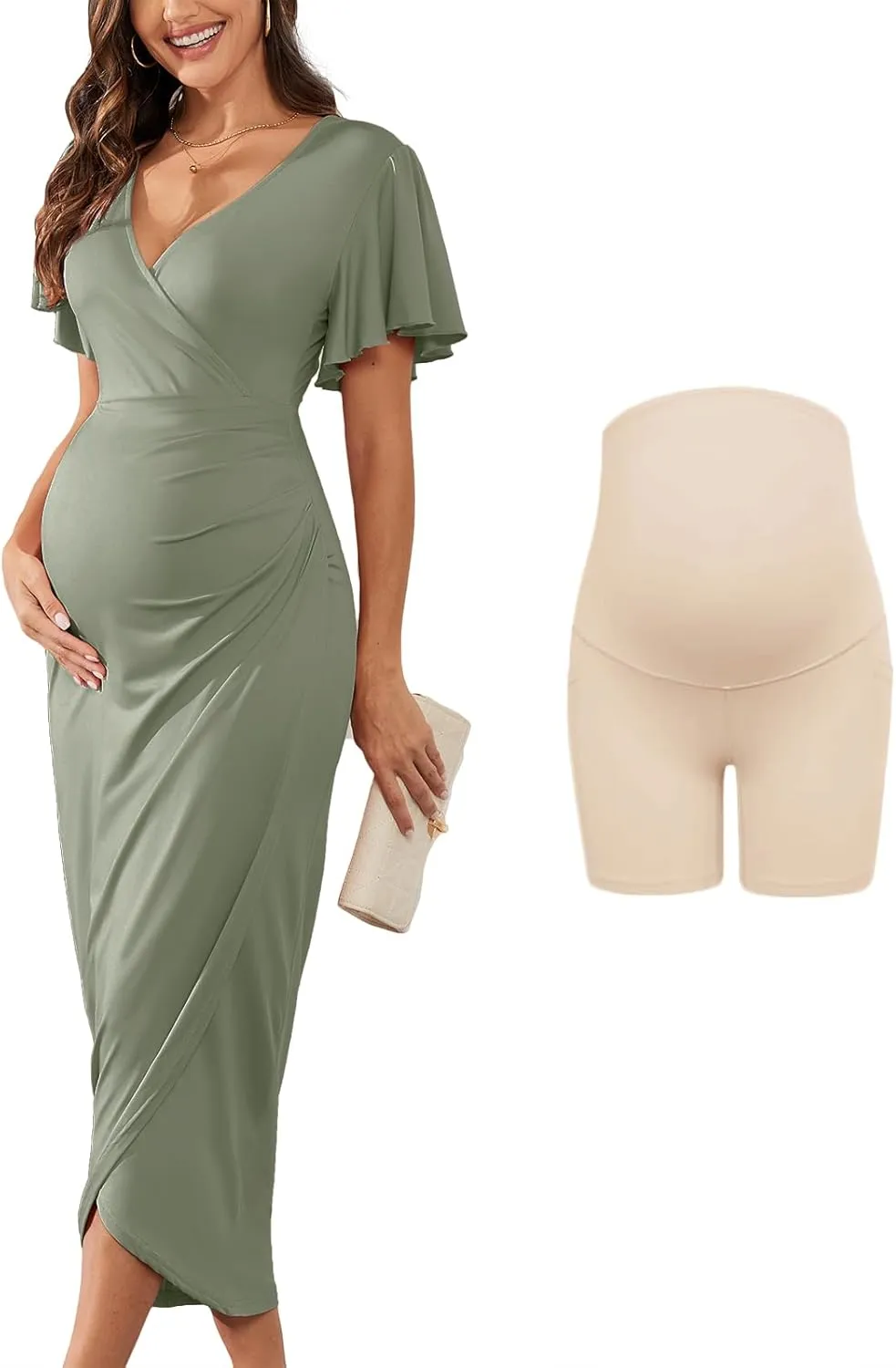 2025 Womens Maternity Wrap Dress V Neck Ruffle Sleeves Semi Formal Baby Shower Photoshoot Party Cocktail Pregnancy