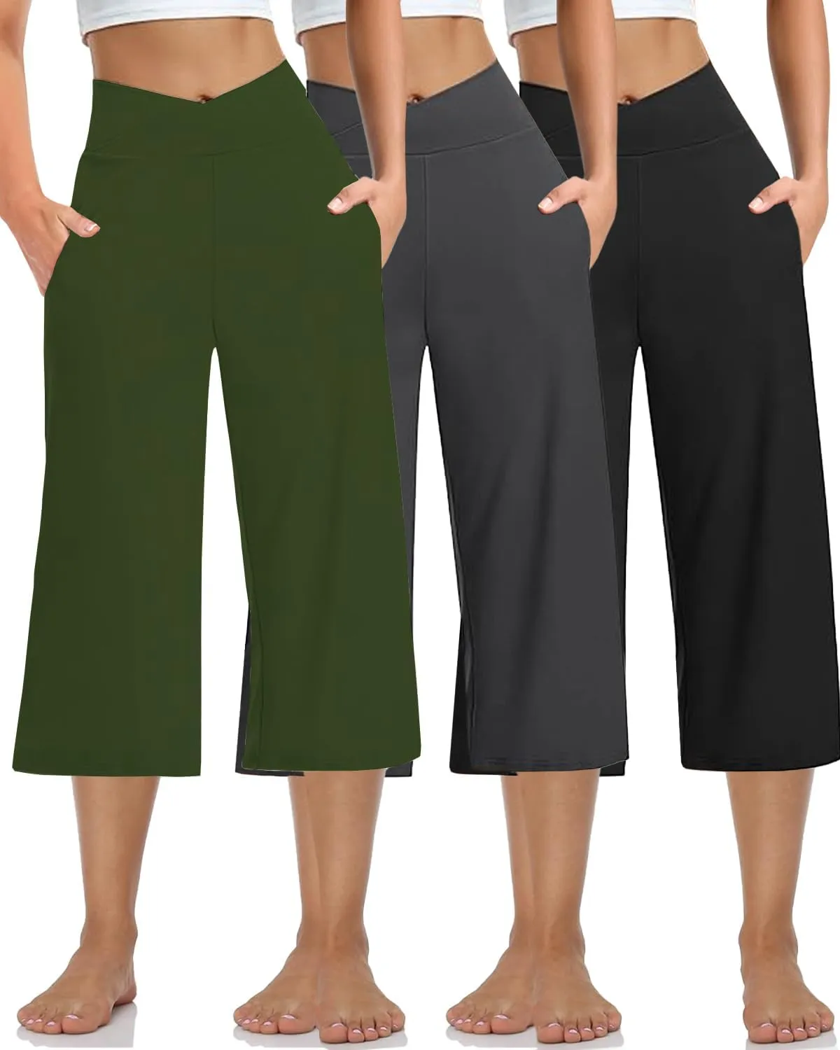 3 PACK Womens Wide Leg Yoga Capris Crossover High Waist Casual Capri Pants Loose Soft Pajama Pockets Sweatpants