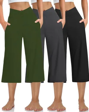 3 PACK Womens Wide Leg Yoga Capris Crossover High Waist Casual Capri Pants Loose Soft Pajama Pockets Sweatpants