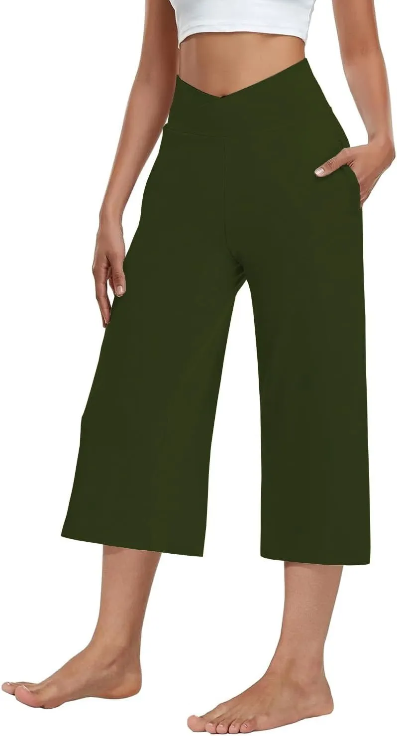 3 PACK Womens Wide Leg Yoga Capris Crossover High Waist Casual Capri Pants Loose Soft Pajama Pockets Sweatpants