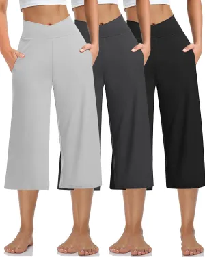 3 PACK Womens Wide Leg Yoga Capris Crossover High Waist Casual Capri Pants Loose Soft Pajama Pockets Sweatpants