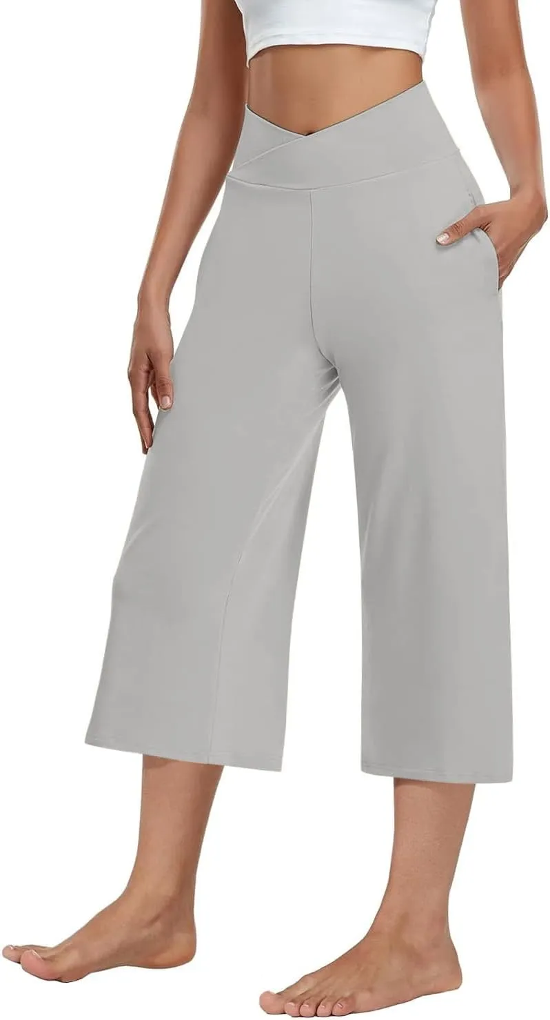 3 PACK Womens Wide Leg Yoga Capris Crossover High Waist Casual Capri Pants Loose Soft Pajama Pockets Sweatpants