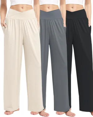 3 Pack Womens Wide Leg Yoga Pants Crossover High Waisted Casual Loose Lounge Sweatpants with Pockets