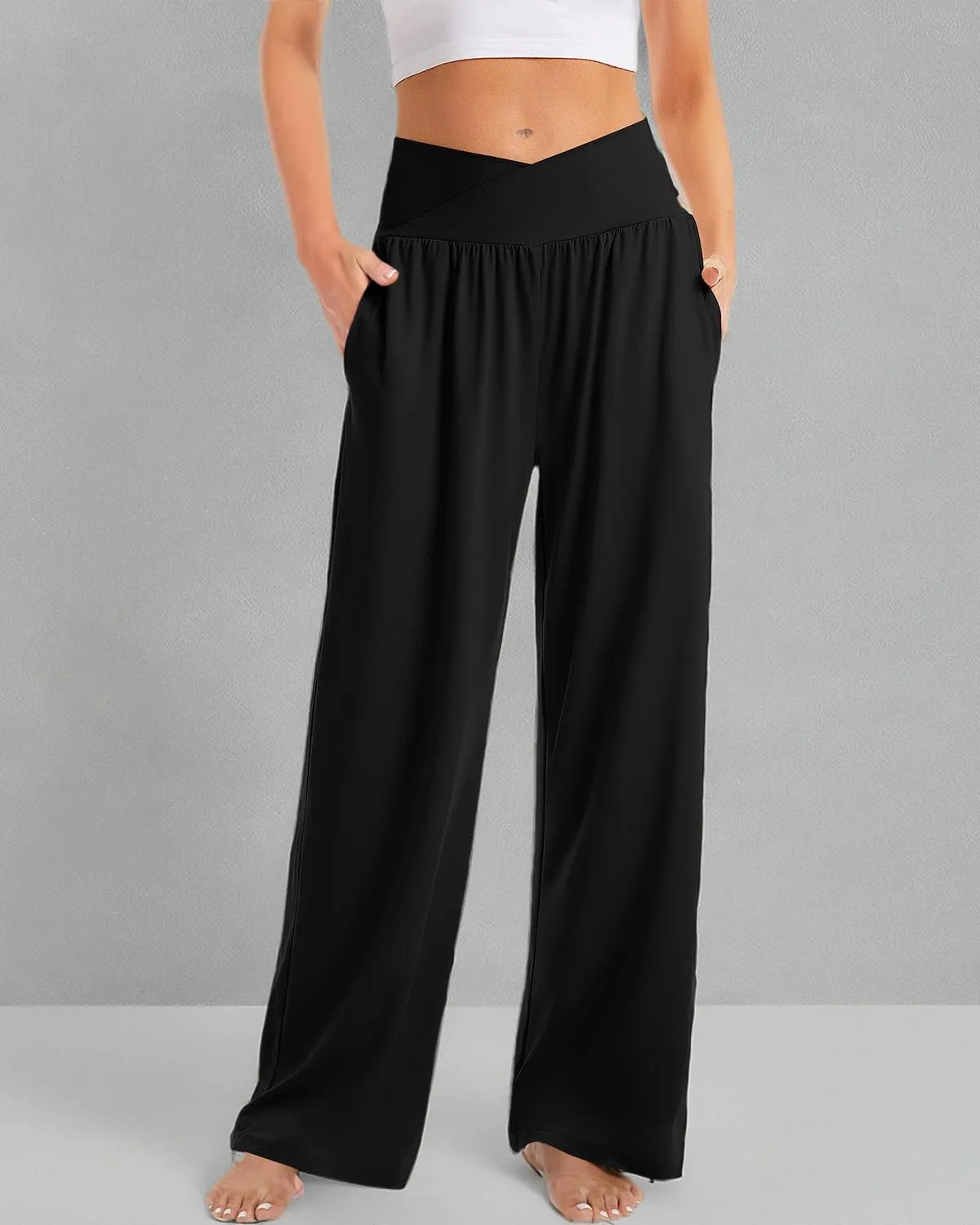 3 Pack Womens Wide Leg Yoga Pants Crossover High Waisted Casual Loose Lounge Sweatpants with Pockets