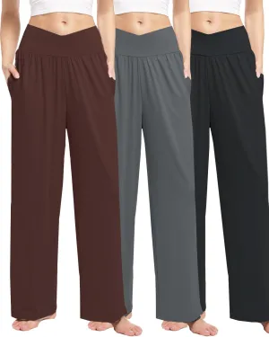 3 Pack Womens Wide Leg Yoga Pants Crossover High Waisted Casual Loose Lounge Sweatpants with Pockets