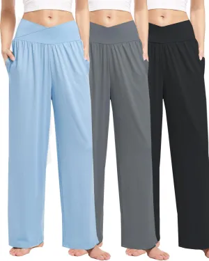 3 Pack Womens Wide Leg Yoga Pants Crossover High Waisted Casual Loose Lounge Sweatpants with Pockets