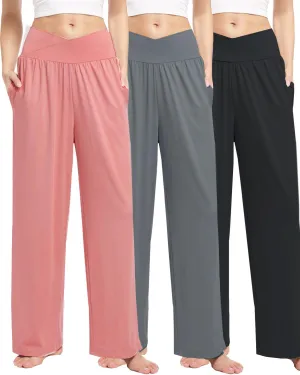 3 Pack Womens Wide Leg Yoga Pants Crossover High Waisted Casual Loose Lounge Sweatpants with Pockets