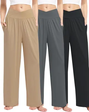 3 Pack Womens Wide Leg Yoga Pants Crossover High Waisted Casual Loose Lounge Sweatpants with Pockets