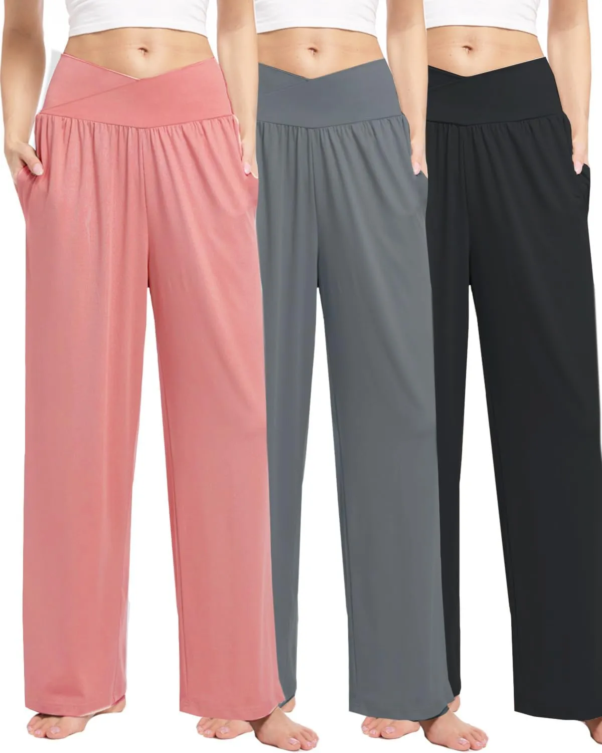 3 Pack Womens Wide Leg Yoga Pants Crossover High Waisted Casual Loose Lounge Sweatpants with Pockets