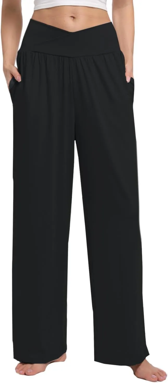 3 Pack Womens Wide Leg Yoga Pants Crossover High Waisted Casual Loose Lounge Sweatpants with Pockets