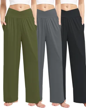 3 Pack Womens Wide Leg Yoga Pants Crossover High Waisted Casual Loose Lounge Sweatpants with Pockets