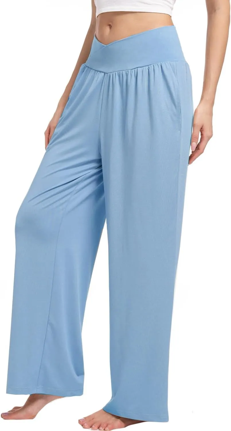 3 Pack Womens Wide Leg Yoga Pants Crossover High Waisted Casual Loose Lounge Sweatpants with Pockets